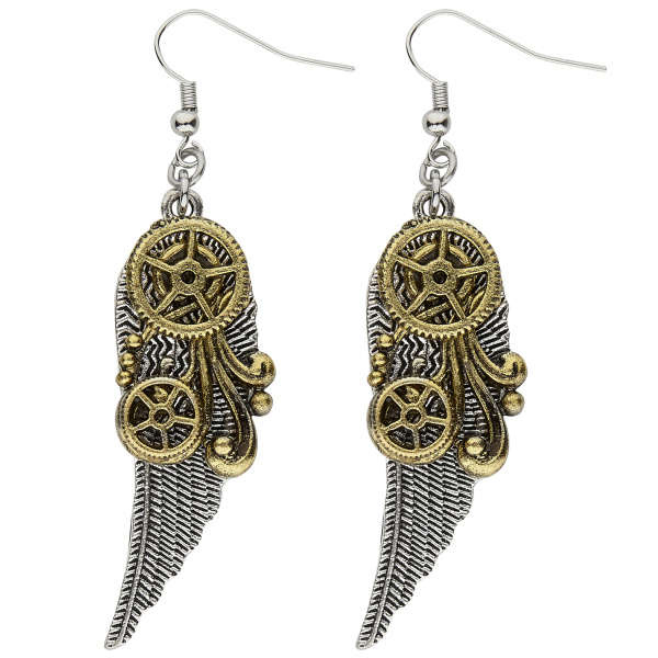Paire de  BOUCLES D'OREILLES STEAMPUNK AVEC PLUMES