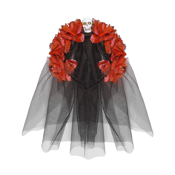 Serre-tête avec 6 roses rouges, avec crâne et voile