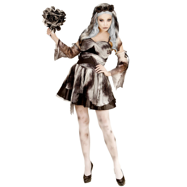 MARIEE MORTELLE robe, manchettes, coiffe avec roses noires et voile    S