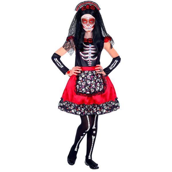 FEMME JOUR DES MORTS robe, chauffe-bras, casque avec voile    116cm