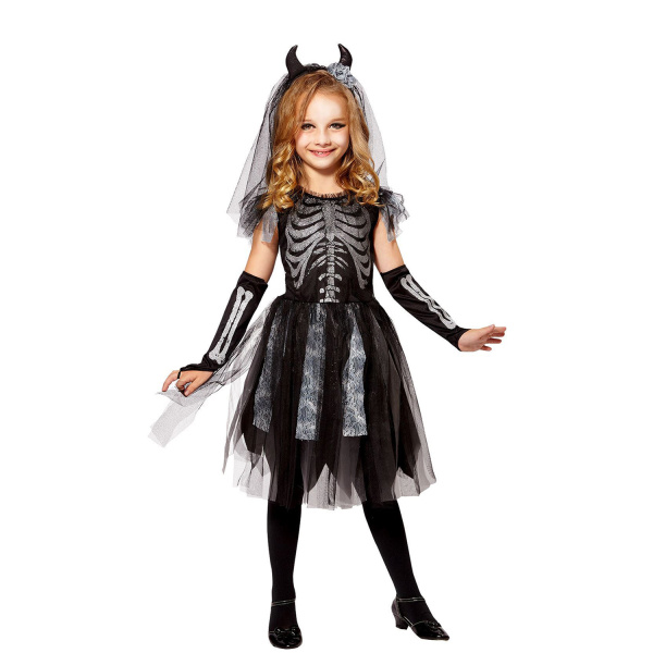 MARIEE DEMONSQUELETTE robe, mitaines, voile de mariée avec cornes    158cm