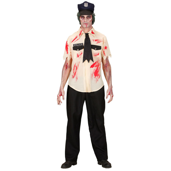 POLICIER ZOMBIE chemise tachée de sang, pantalon, cravate en loques, chapeau