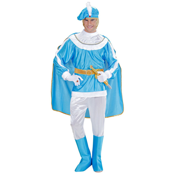 PRINCE BLEU manteau, pantalon, ceinture avec étui poignard, surbottes, cape, chapeau avec pierre précieuse et plume    M