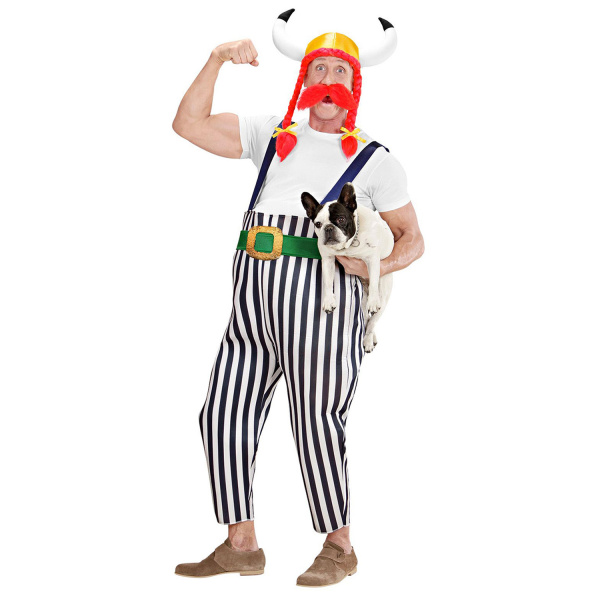 GAULOIS maxi pantalon à bretelles, ceinture, casque avec nattes, moustache    M – Image 2