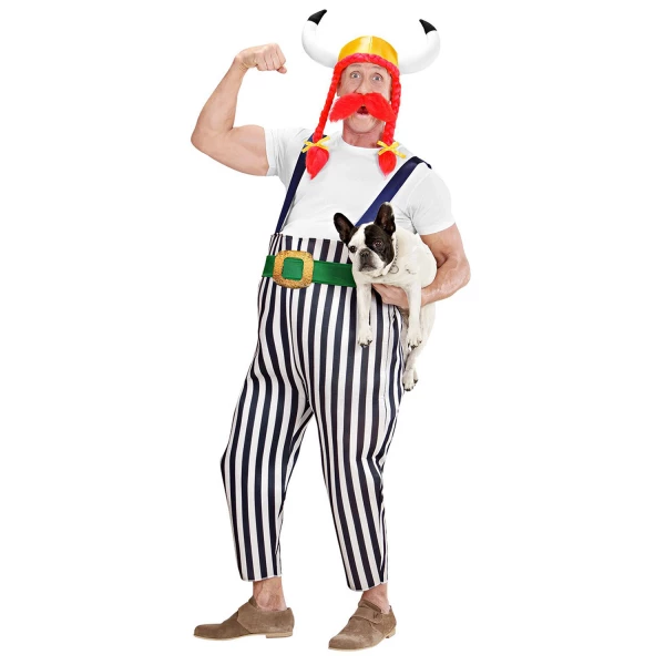 GAULOIS maxi pantalon à bretelles, ceinture, casque avec nattes, moustache    XL – Image 2