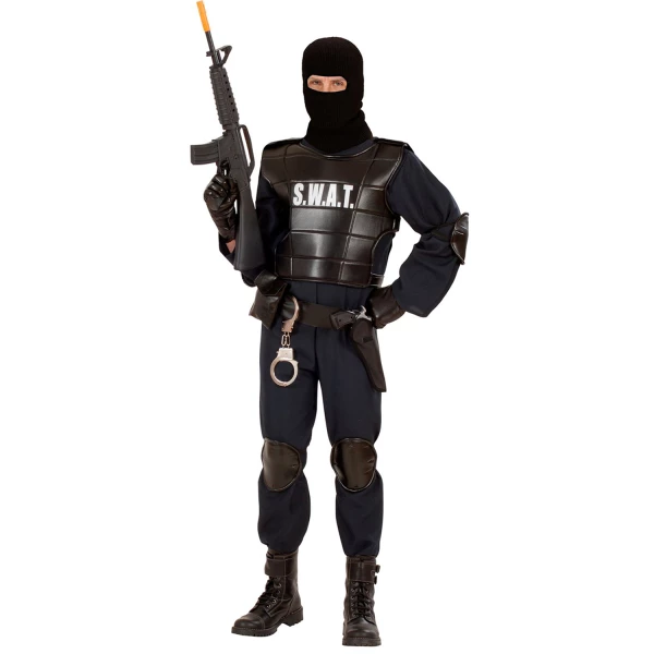 AGENT S.W.A.T. combinaison, gilet pare-balles, ceinture avec holster et bourse, protège-genoux et coudes, masque    M
